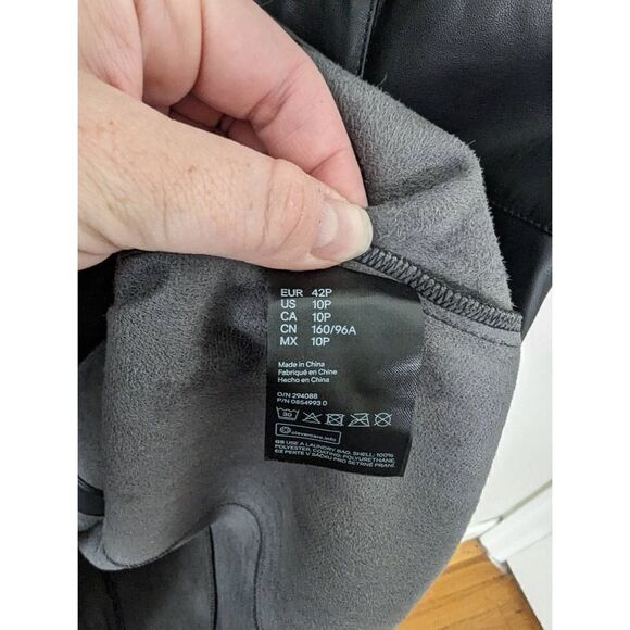 H&M Faux Black Leather Button Down Front Puff Sleeves Dress - Size 10P - Picture 5 of 6